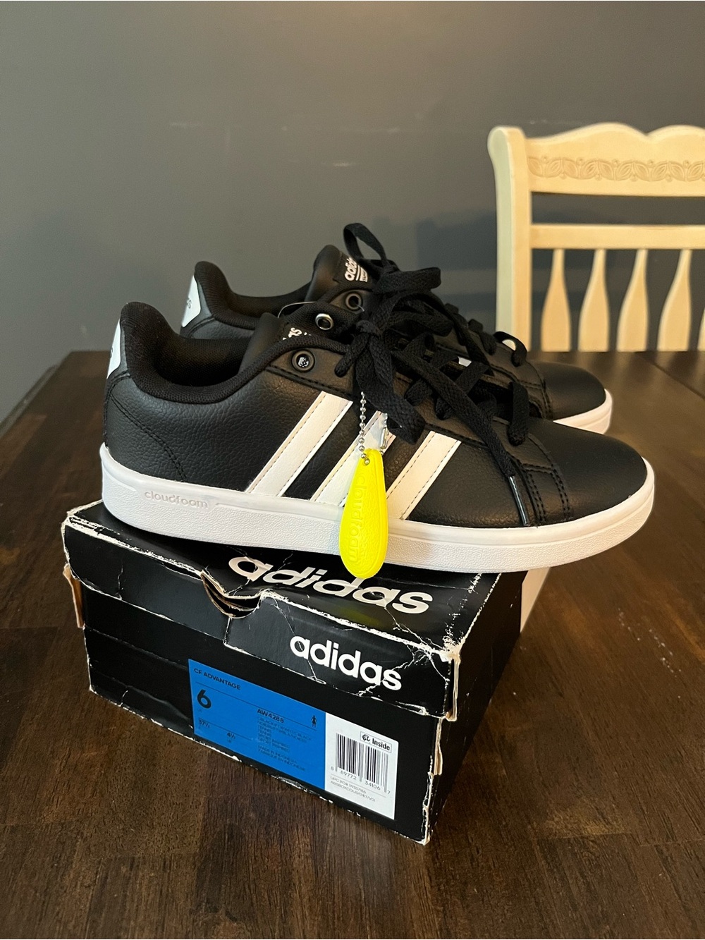 Brand new in box Adidas women’s Black leather & White Cloudfoam Sneakers size 6